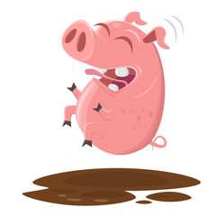 pig jumping into the puddle of mud